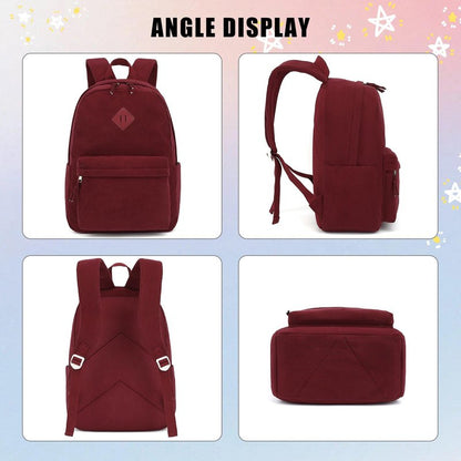 Esfoxes Corduroy Backpack for Girls, Kids Teens Elementary Middle High School Bags Women College Bookbags Travel Daypacks (Wine)