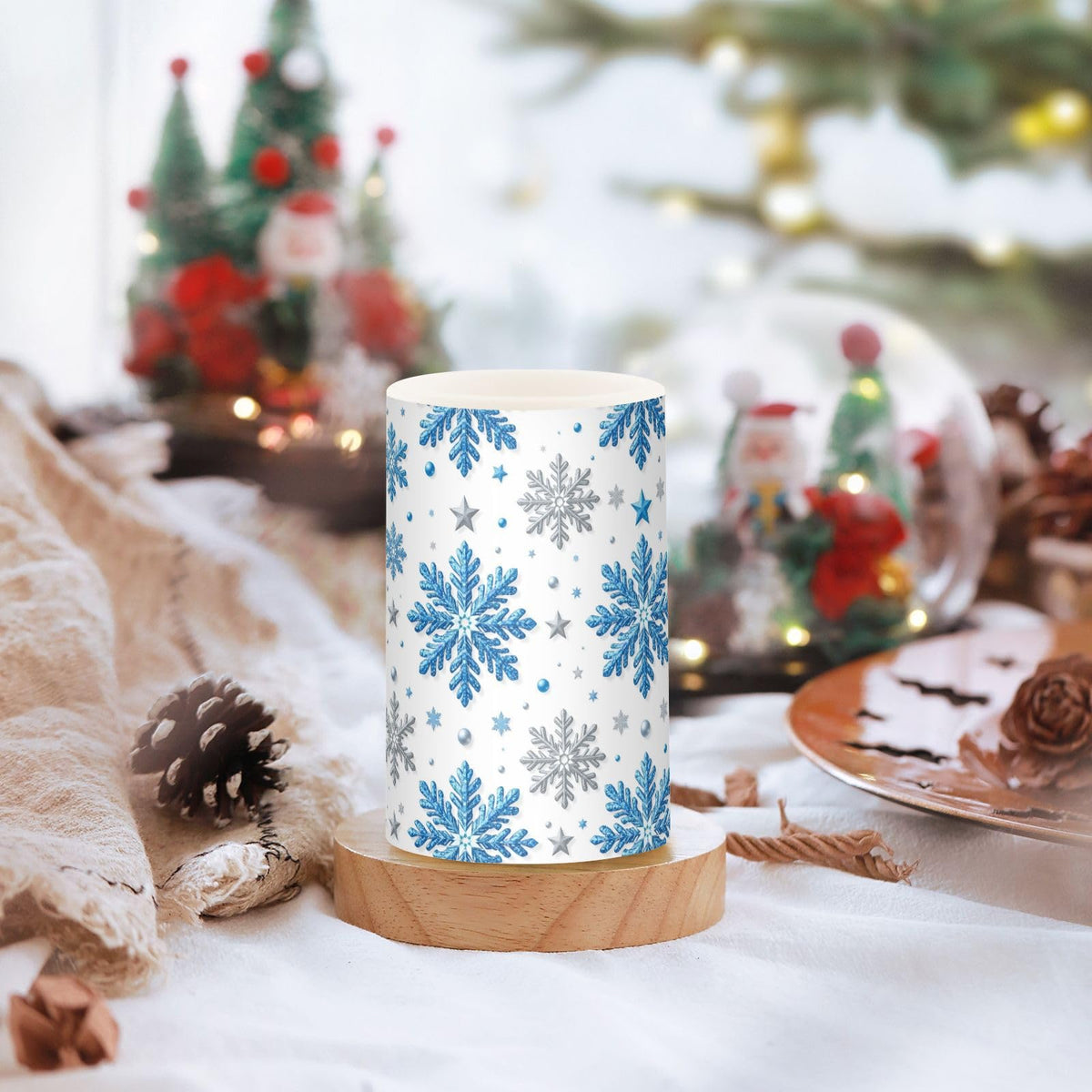 Pigsaly Flameless Candles Battery Operated Winter Stars Christmas Silver Blue Glittering Snowflakes Flickering Led Pillar Candles with Remote Control Colour Changing Warm Light Candles for Hallowee