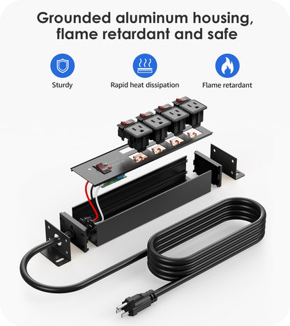 CCCEI 12 Gauge Outdoor Long Extension Cord with Multiple Outlets, 20 Amp Individual Switches Heavy Duty Surge Protector Power Strip, Garage Wall Mount Outlet Extender. 100 FT, Black.