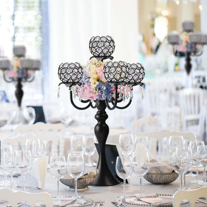 Kehail Crystal Tea Light Candle Holders Set - 14" L x 22.5" H Matte Black Metal & Sparkling Accents, Wedding & Party Centerpiece Decor(2, Black)