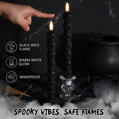 Eywamage Halloween Flameless Taper Candles with Remote, Spooky Black Skull LED Candlesticks Battery Operated Flickering Real Wax Set of 2