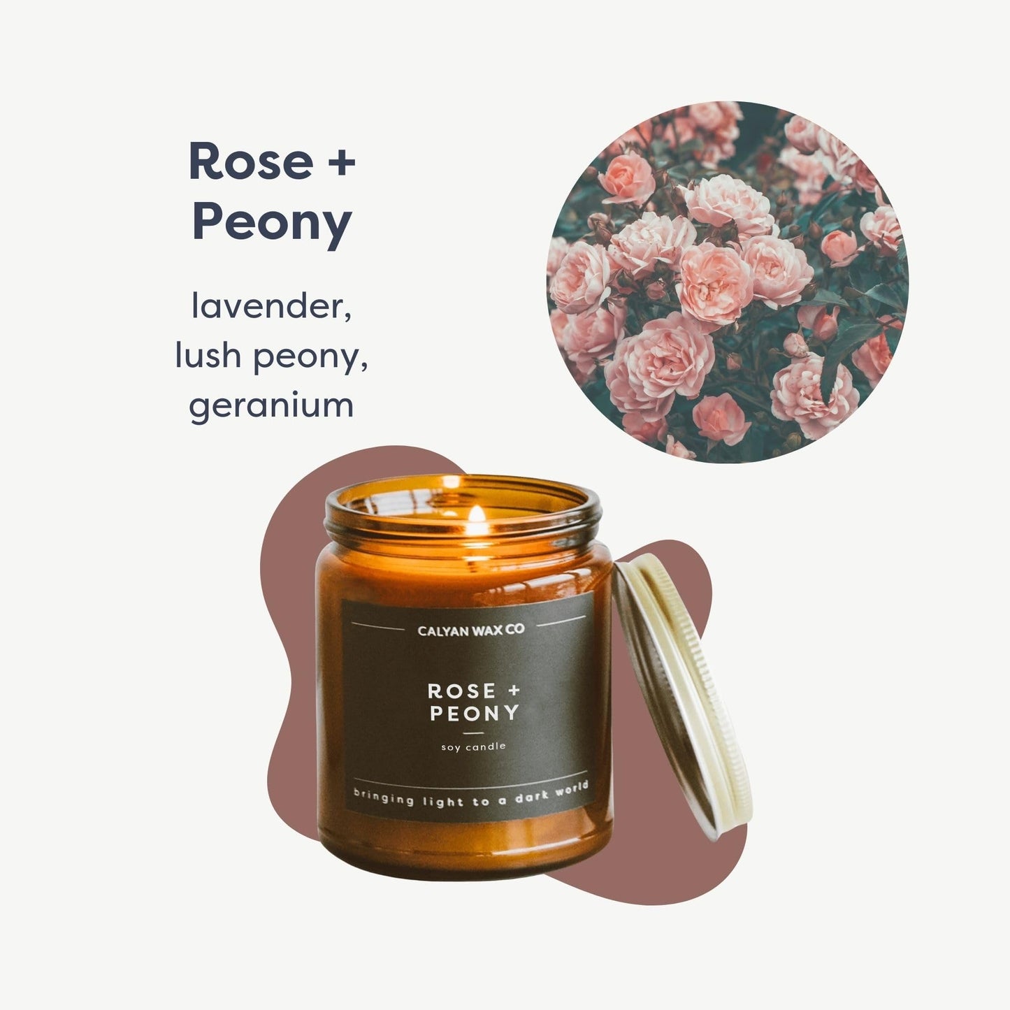 Calyan Wax Co. Rose & Peony Scented Candle - 57 Hour Burn - Luxury Clean Soy Wax Candles - Long Lasting Amber Glass Jar Candle for Home - 7.2oz