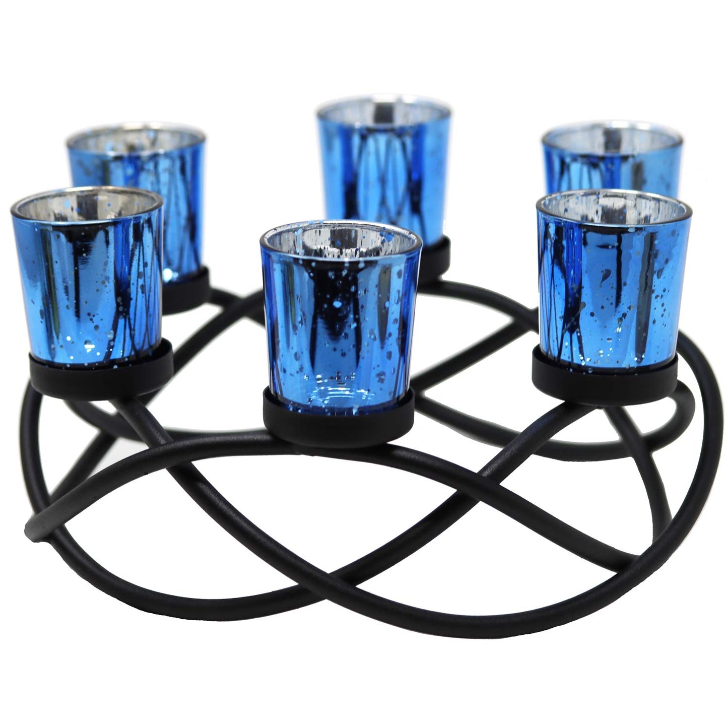 Seraphic Centerpieces for Table Decorations - Round Candle Holders for Outdoor Patio, Dining, Kitchen, Coffee & Wedding Table Decor, Black Iron Candelabra, 6 Blue Glass Votive Tealight Cups