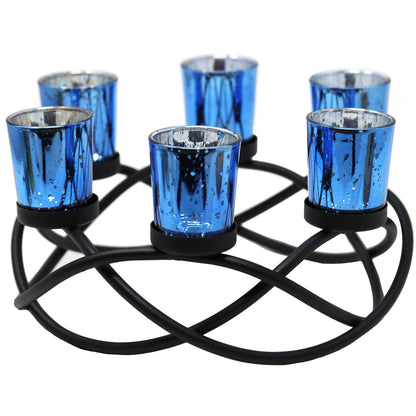 Seraphic Centerpieces for Table Decorations - Round Candle Holders for Outdoor Patio, Dining, Kitchen, Coffee & Wedding Table Decor, Black Iron Candelabra, 6 Blue Glass Votive Tealight Cups