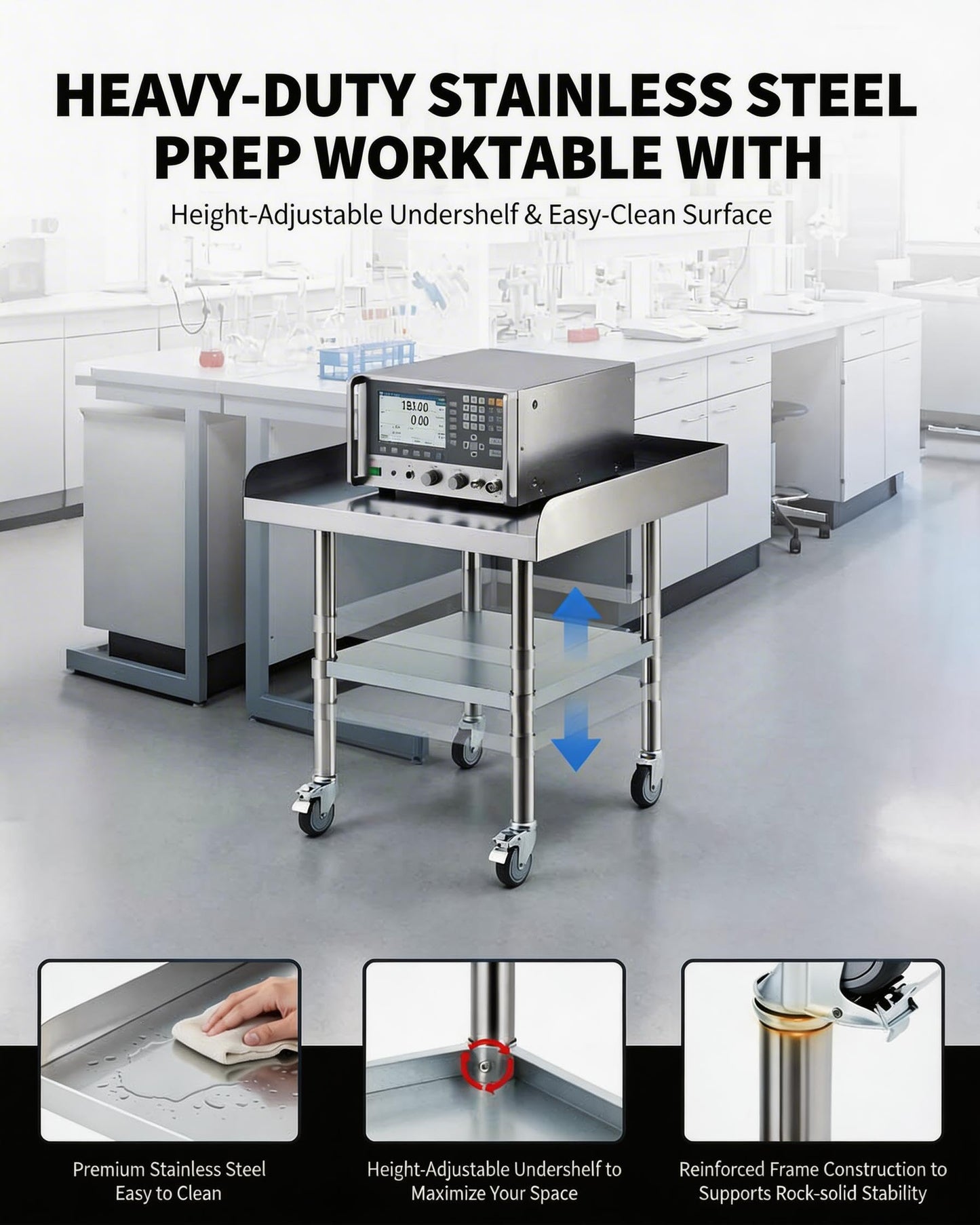 24 x 24 Stainless Steel Prep Table with Wheels – Commercial Mobile Workstation, Adjustable Undershelf, 3-Sided Backsplash – NSF Kitchen Worktable for Restaurant, Home, Garage & Catering