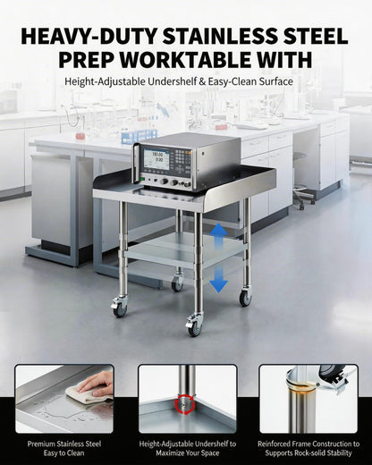 24 x 24 Stainless Steel Prep Table with Wheels – Commercial Mobile Workstation, Adjustable Undershelf, 3-Sided Backsplash – NSF Kitchen Worktable for Restaurant, Home, Garage & Catering