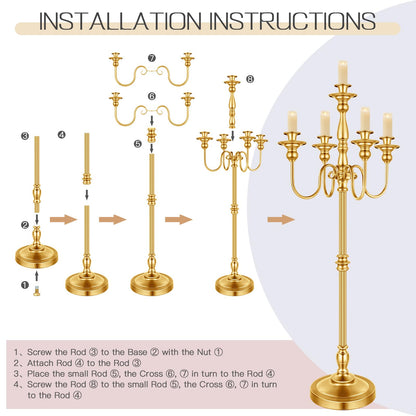 2 Pcs Gold Wedding Floor Candelabra 50 Inch Antique Led Candle Stand Metal 5 Arm Candelabra Centerpiece Decoration for 5 Candlesticks Bridal Shower Christmas Aisle Event Birthday Party Ceremony Home