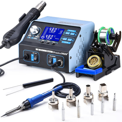 Preciva 992D+ 2-in-1 Soldering & Hot Air Rework Station with LCD, Memory Presets, Sleep, Calibration | Includes Soldering Iron, Hot Air Gun, 5 Tips, 4 Nozzles, IC Tools, Solder Wire | °C/ºF (992D+)