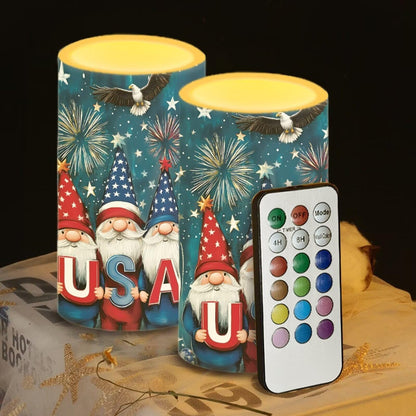 NETILGEN USA Flag Cute Gnome Print 2 Pcs Flameless Candles Battery Powered LED Pillar Candles with Timer Remote 4th of July Patriotic Independence Day Decor