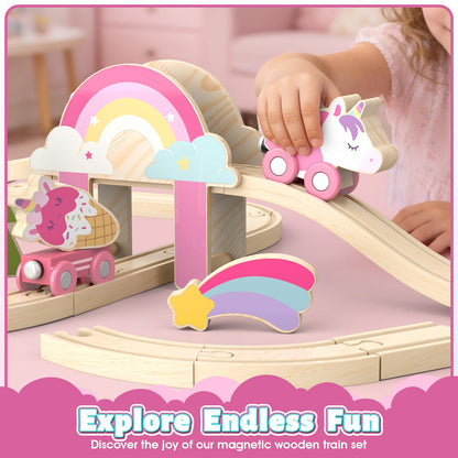 Lehoo Castle Wooden Train Set - Unicorn Train Set for Toddlers 2-4, Wooden Train Track Toddler Girl Toys, Pink Train Fantasy Toys for 3 4 5 6 7 Year Old Girl