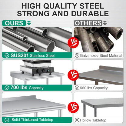 60 x 24 Inch Stainless Steel Prep Table, Heavy Duty Commercial Work Table with 4 Caster Wheels, Adjustable Undershelf & Rounded Corners, Metal Kitchen Workbench for Restaurant, Garage and Outdoor