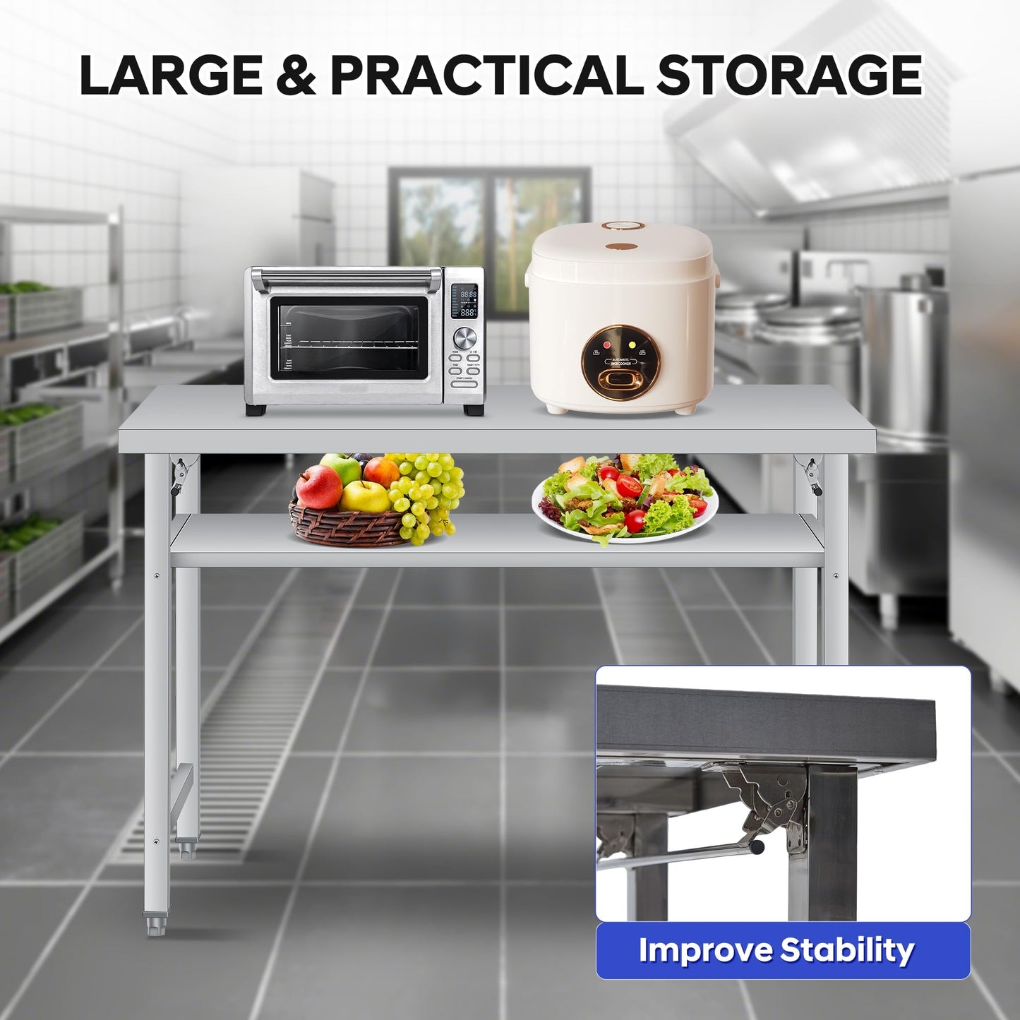 GAOMON 48" Folding Stainless Steel Table, 920 LBS Commercial Worktable Workstation with Undershelf for Prep & Work, NSF Stainless Steel Kitchen Island for Home Kitchen Restaurant Garage Warehouse