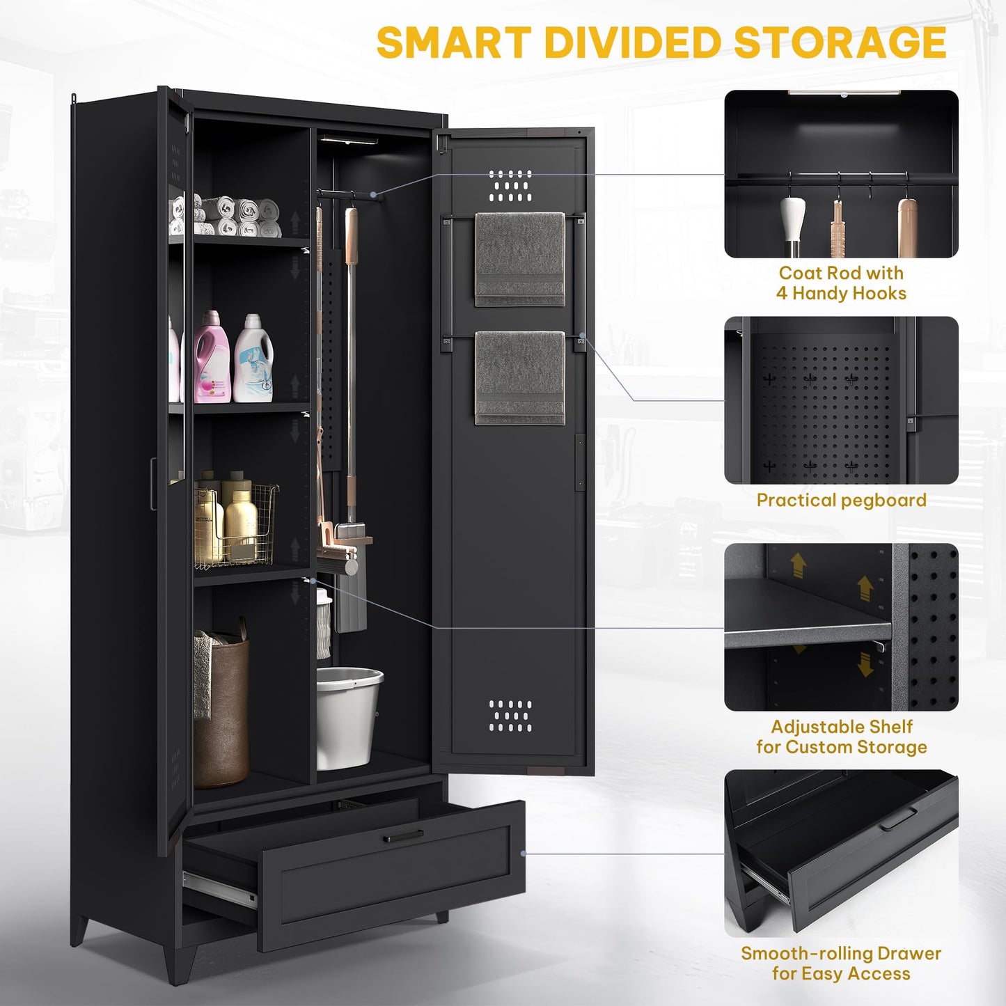 DWVO Metal Garage Storage Cabinet with Pegboard, 71" Tall Broom Cabinet with Lights, Adjustable Shelves, Heavy Duty Tool Storage Cabinet for Garage, Cleaning Room, Gym