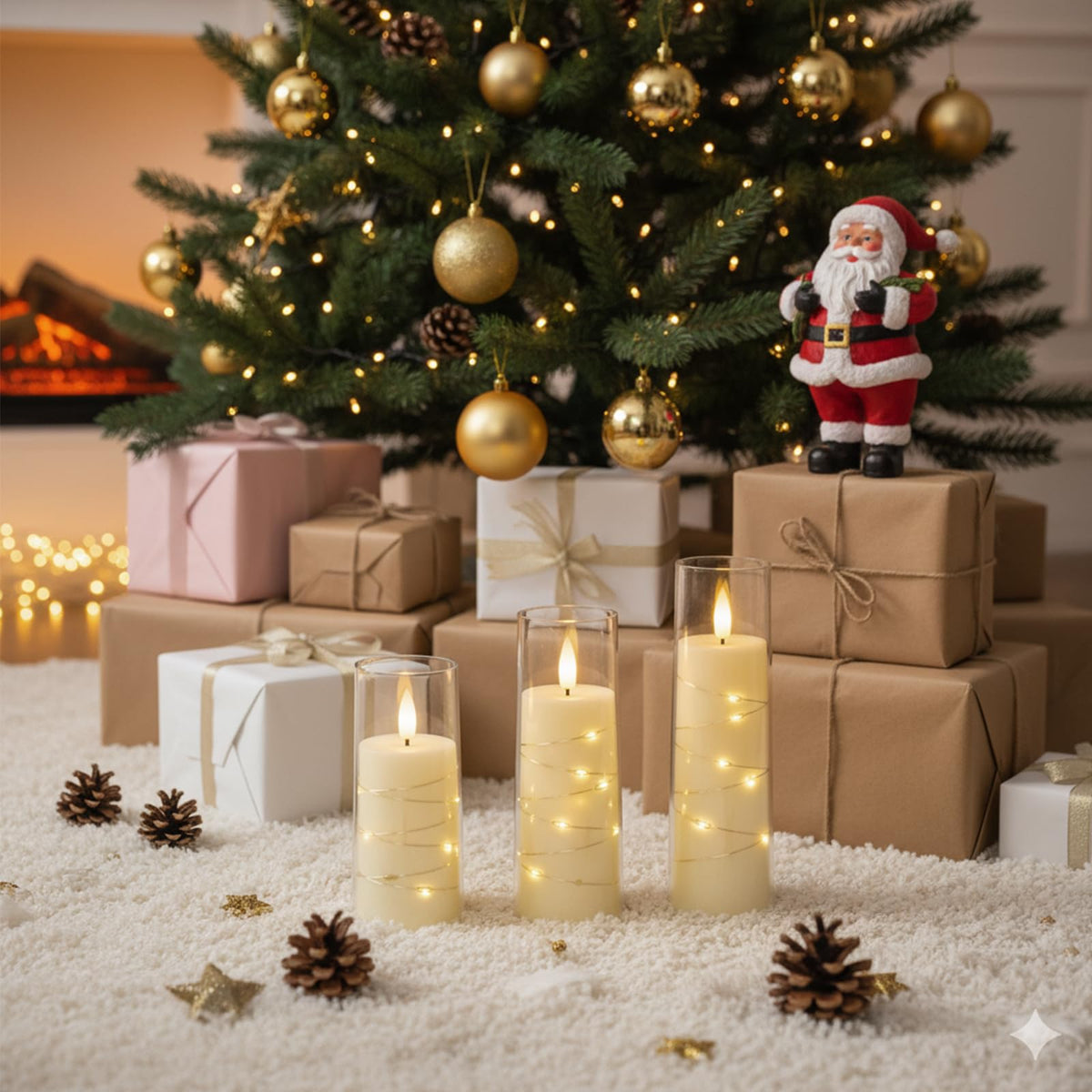 Raycare Flameless Candle with Remote Timer – 9 Flickering Acrylic Battery Operated LED Pillar Candles with Embedded Star String for Christmas, Wedding, Home Decor, and as a Gift (Ivory White)