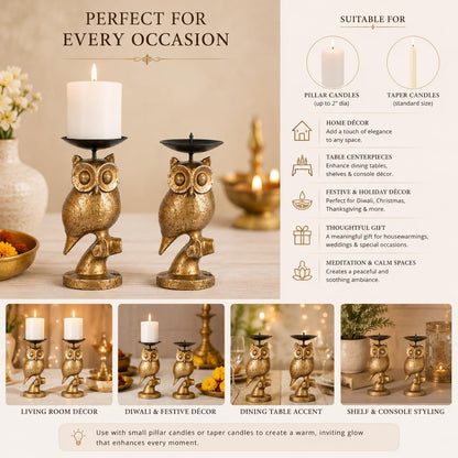 Gold Owl Candle Holder Set of 2 – Decorative Taper & Small Pillar Candlestick Holders for Dining Table, Living Room & Home Décor