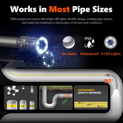 𝟐𝟎𝟐𝟔 𝐧𝐞𝐰 9” Sewer Camera, HD 1080P w/DVR-32GB, [All-in-One Design with Magnetic Box] Drain Pipe Inspection Camera, [One Big Screw Unlock] Sewer Pipe Cam, 4500mAh, Cable Markers, 100ft/30m