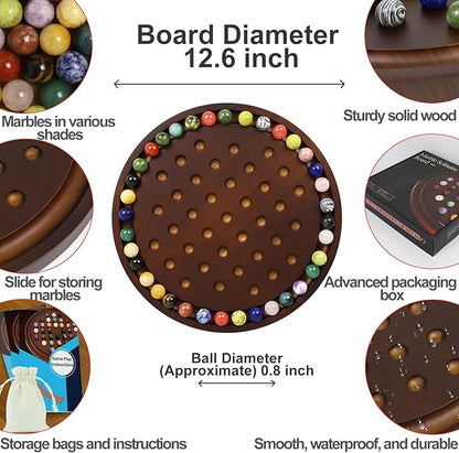 Large Solitaire Game Handmade Solid Wooden Marble Board Game Set with 36 Natural Marble Marbles Classic Thick Round Board Games for Adults Game Night (Walnut Medium)
