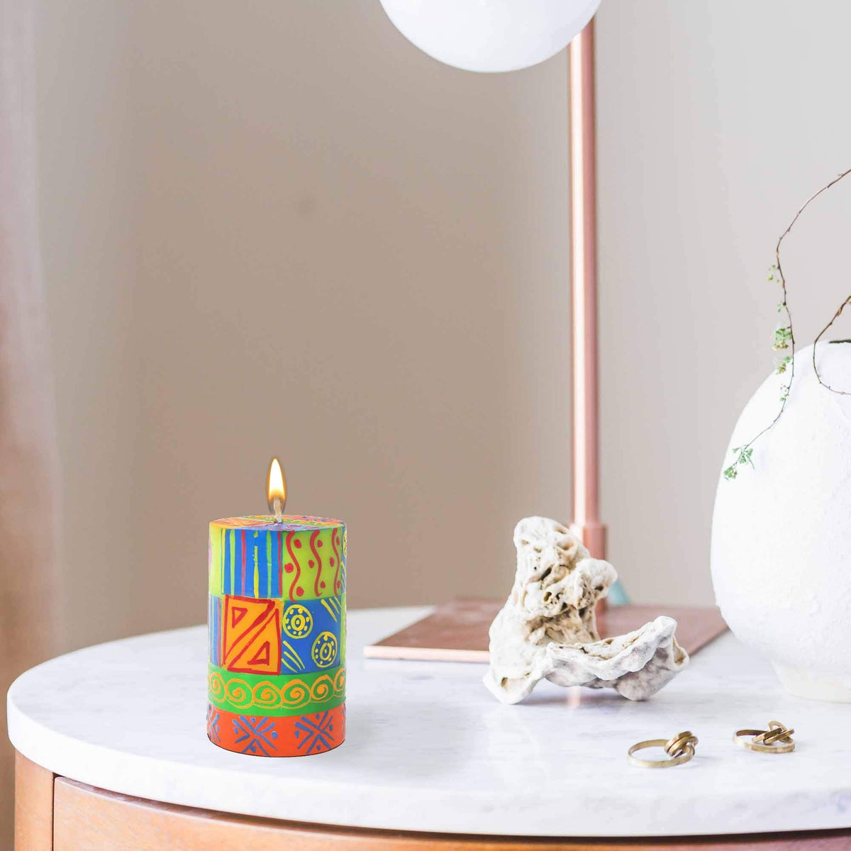 Global Crafts Shahida Design - Hand Painted Pillar Candle - Unscented African Geometric Gift Box