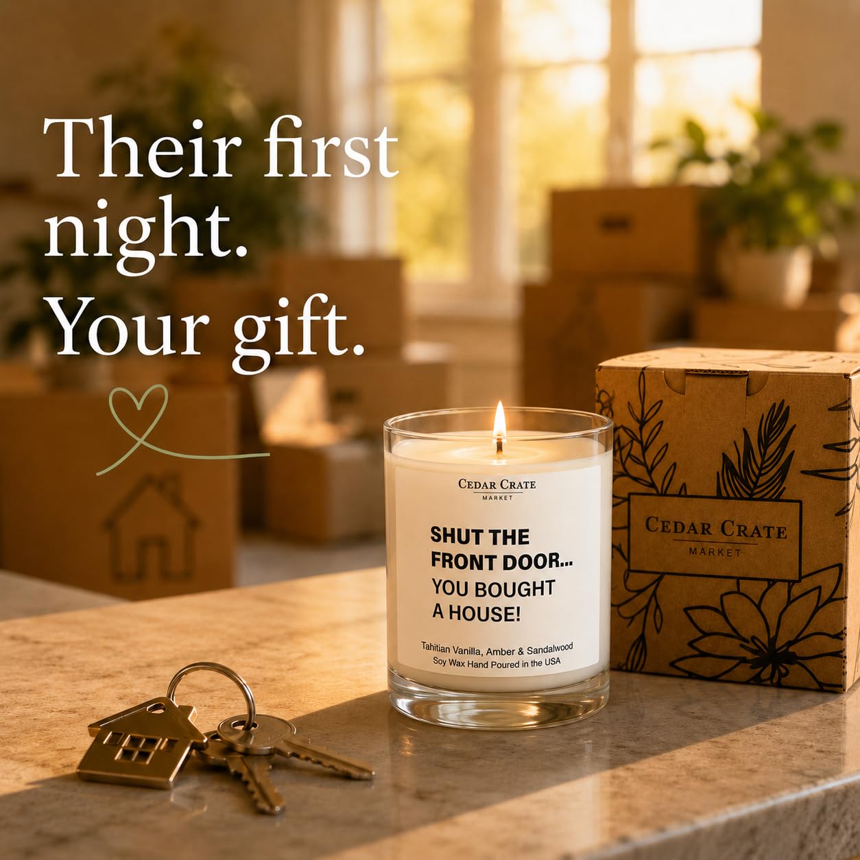 Cedar Crate Market House Warming Gift New Home 2026-13.5oz Soy Candle, Amber Vanilla Sandalwood Scent - Housewarming Gifts for Women, Men, Couple, Friends, Neighbors - USA Made, 60+ Hour Burn
