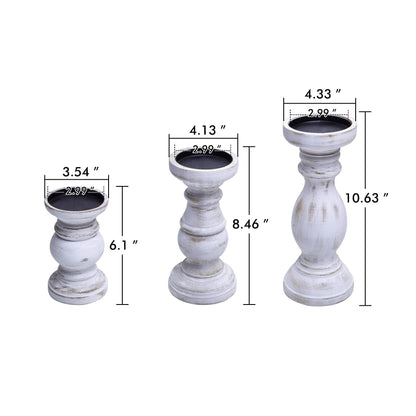 NIKKY HOME Rustic Pillar Candle Holder Set of 3 - Farmhouse Wood Candlestick Stand for Mantle, Fireplace, Dining Table Centerpieces, Distressed White