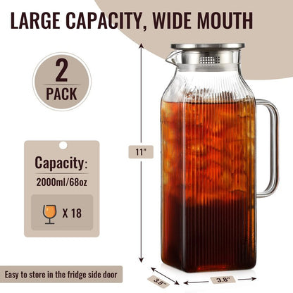 Snuvid 2 Pack 2 Liter/68 oz Square Glass Pitcher with Lid, Classic Stripes Water Pitchers with Handle for Fridge, Large Jug for Iced Tea, Borosilicate Glass Carafe for Hot/Cold Brew Drink, Silver