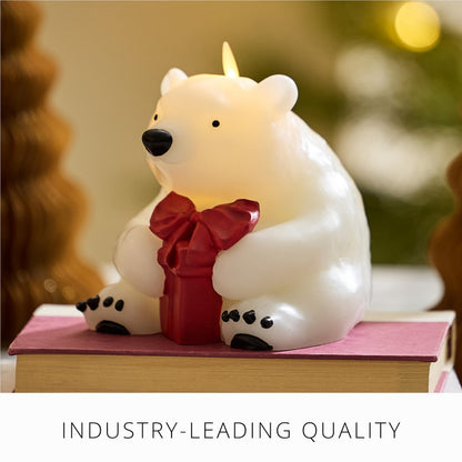 Luminara Flickering Flameless Candle 5" x 5.5", Battery Operated & Timer Function, Remote Ready (Sold Separately), Polar Bear w/Gift Moving Flame LED Light Figural Decor for Christmas Winter Holidays