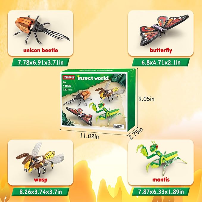 Insect Collection Building Block Set for Kids 6+ Butterfly Mantis Wasps Unicon Beetle Display Models for Nature Décor 4 Packs Bug Building Toys Fun Gift for Adults Boys Girls Nature Lovers (727PCS)