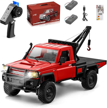 RC Crawler 1:12 Scale New Upgrade MN82-T RC Truck Crane 4WD LC79 Off Road Remote Control Pickup with Lights All Terrain Wrecker Vehicle for Teens Adults (Red)