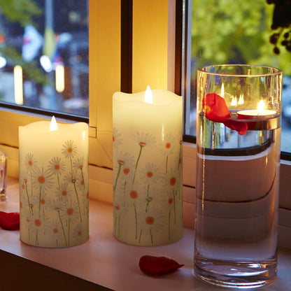 Eywamage White Floral Flameless Pillar Candles with Remote, Flickering Spring Daisy Battery LED Candles Set of 2