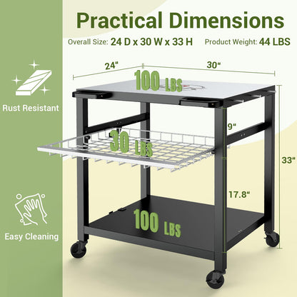 NUUK Grill Cart 30"x24" Pizza Oven Table for Outdoor 3-Shelf with Stainless Steel Top