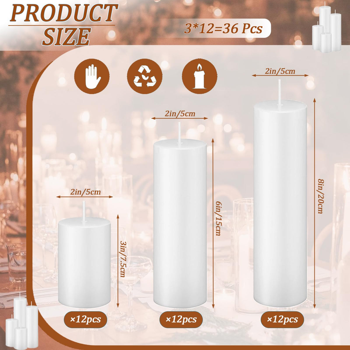 Trxvxo White Pillar Candles Bulk Set of 36，Hurricane Candles，3 Different Lengths 2 x 3/6/8 Inch (12 Each)，Dripless Unscented Smokeless，Gives You a Better Atmosphere When Organizing an Event Party.