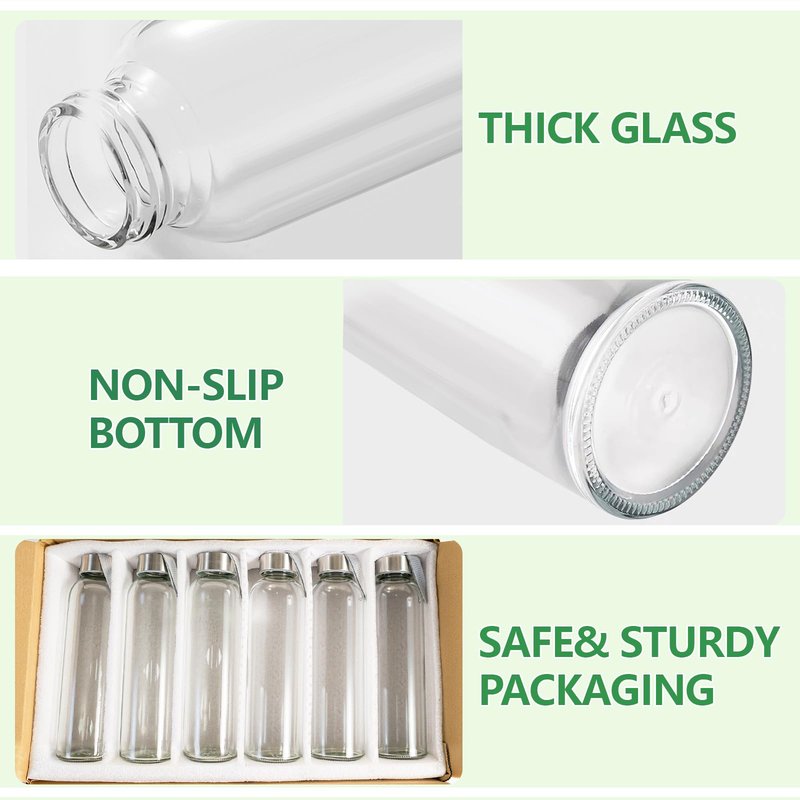 UPBUD 12 Pack 18oz Glass Bottles with Lids Carry Strap for Juicing, Reusable Clear Glass Water Bottle with Stainless Steel Airtight Cap for Refrigerator, 100% Leak Proof, BPA Free Drinking Jar