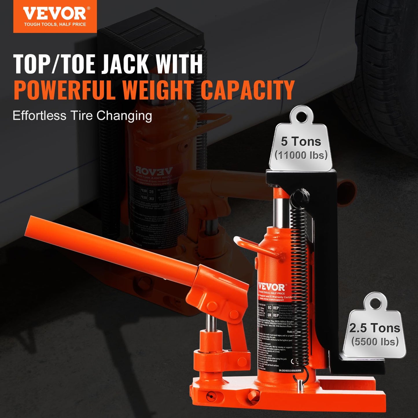 VEVOR Hydraulic Jack, 2.5 Ton Toe Lift, 5 Ton Top Lift, 0.8-5.3 in Toe Height, 8.9-13.4 in Top Height, Air Hydraulic Claw Jack for Machinery, Industry