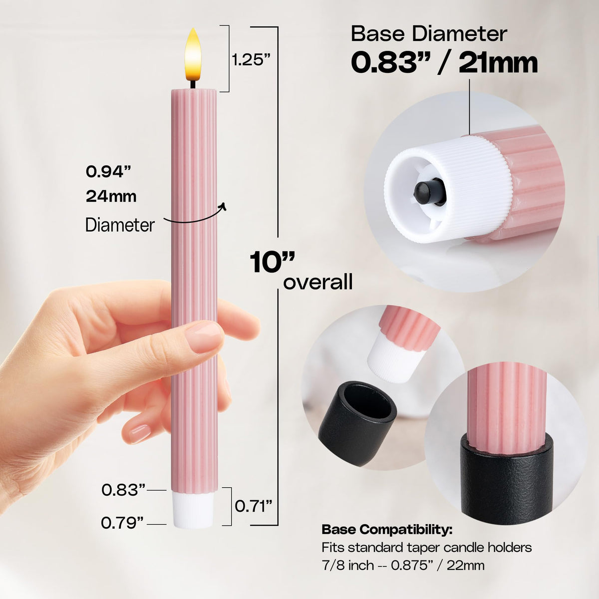 West Ivory 12 Pack, 10" LED Flameless Dusty Rose Fluted Ribbed Grooved Taper Candles, Remote & 24h Timer Memory, On/Off Button, Dimmable, Flicker Mode, Battery Operated, Christmas Menorah Wedding