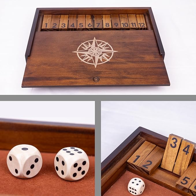 Shut The Box Game with 12 Pcs Wooden NumbersWooden Board Table Math Game