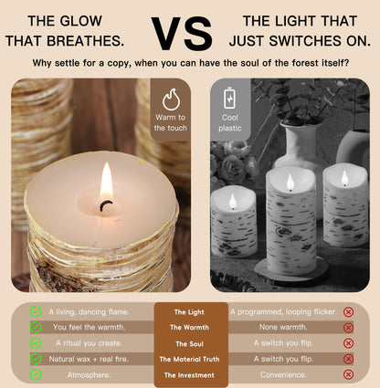 Birch Bark Texture Pillar Candles Set - Real Wax 3 Sizes (4", 5", 6" Tall) Rustic Decor Fireplace Candles, Unscented Woodland Style Pillar Candle for Modern Farmhouse, Dining Table, Holiday Decor