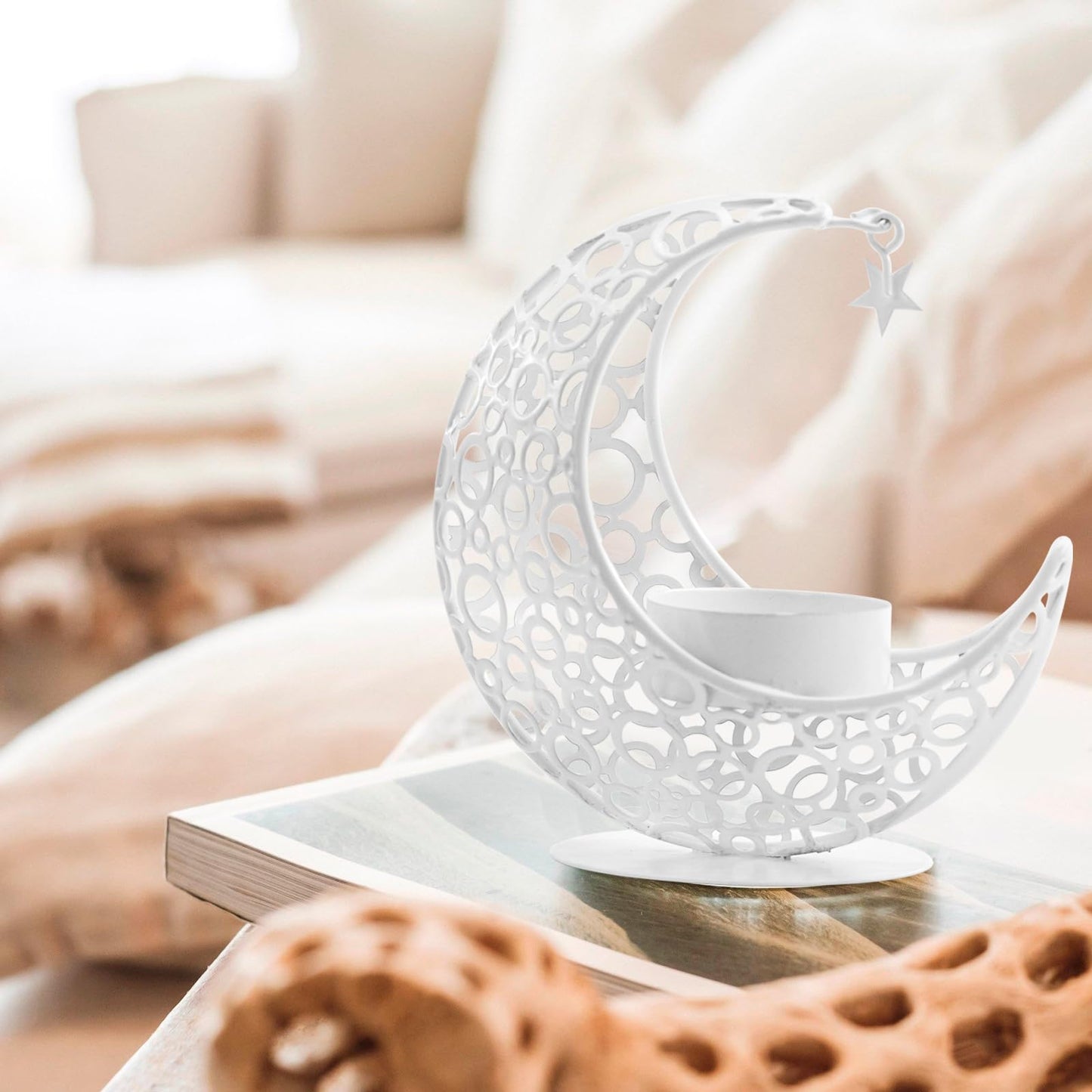 MrMrKura Moon Candle Holders Set of 2, Metal Tealight Candle Holder for Table Centerpiece Decorative Votive Candlesticks Holder for Party Home Decor (White)