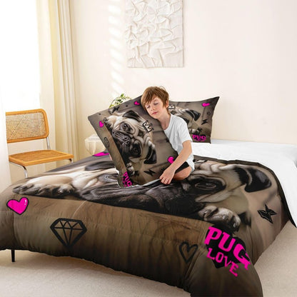 Manfei 3D Pug Comforter Set Twin Size Cute Pug Puppy Dog Bedding Set 2pcs for Kids Boys Girls Room Decor, Animal Theme Quilt Set Pink Hearts Lightning Star Print Duvet Set with 1 Pillowcase