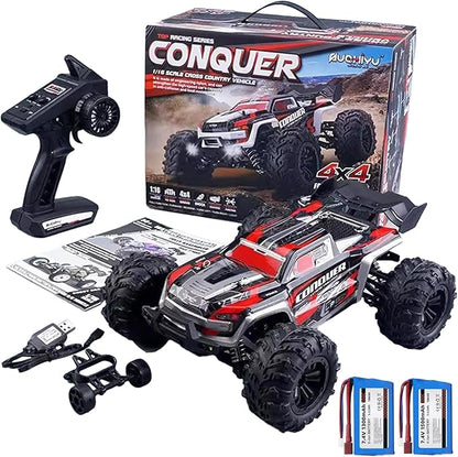 1:16 Scale RC Cars for Adults High-Speed 4WD Offroad Hobby Remote Control Truck 50km/h Fast 2.4GHz All Terrain RC Monster Buggy with 2 Batteries (RTR/Red)