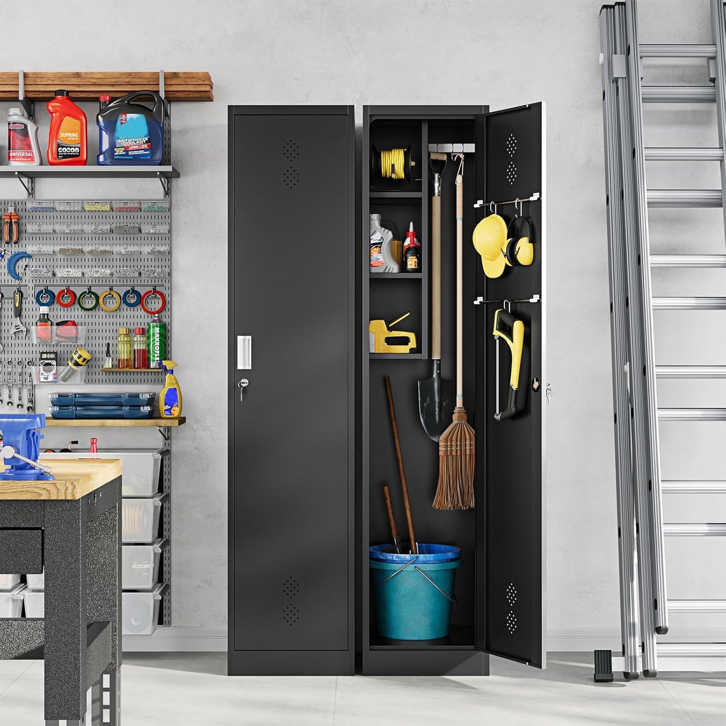 Letaya Broom Closet Storage Cabinet,Metal Cleaning Supply Tool Cabinet,Utility Cabinets for Brooms & Mops Black Garage Organization Cabinet for Laundry Room, Bathroom