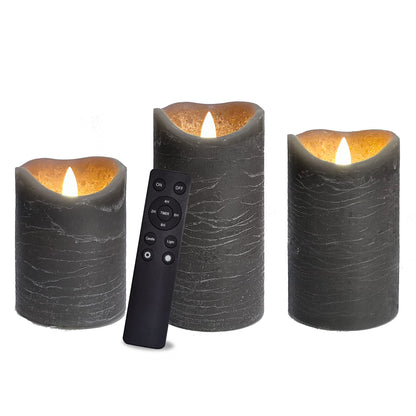 iZAN 3 Pack Real Wax Flameless Candles Battery Operated LED Pillar Flickering Realistic Electric Candle Gift Sets with Remote Control and Cycling 24 Hours Timer 3”D X 4" 5" 6" H (Grey)
