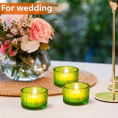 JOYIT Green Votive Candle Holders Bulk Set of 12, Tealight Candle Holder for Wedding Table Centerpiece, Glass Small Candle Holders for Birthday Party, Valentine's Day, Home Decor (2''X 1.4'')