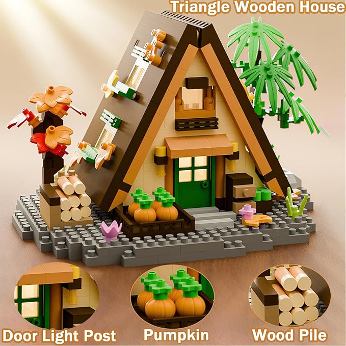 3 Mini Wooden Cabins Micro Building Blocks Toy Set A-Frame House-Mountain Treehouse-Windfall Architecture Kit Compatible with Lego Natural Construction Collection Gift for Adult Teen(2000+PCS)