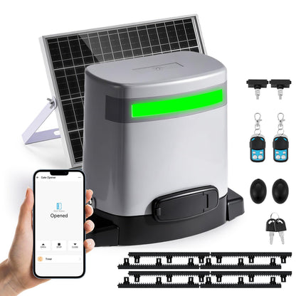 Spolehli 1300lbs Solar Sliding Gate Opener with Nylon Gear Rack Drive, Automatic Gate Motor Kit for 40ft Gates, WiFi App & Remote Control, Built-in Backup Battery & Infrared Safety Sensor