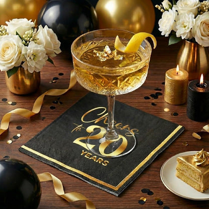 JOYGATHER Cheers to 20 Years - 50PCS Black & Gold Foil Cocktail Napkins, 3-Ply Disposable Paper 5x5 Inches 20th Birthday Decorations, Wedding, Anniversary, Party Men & Women