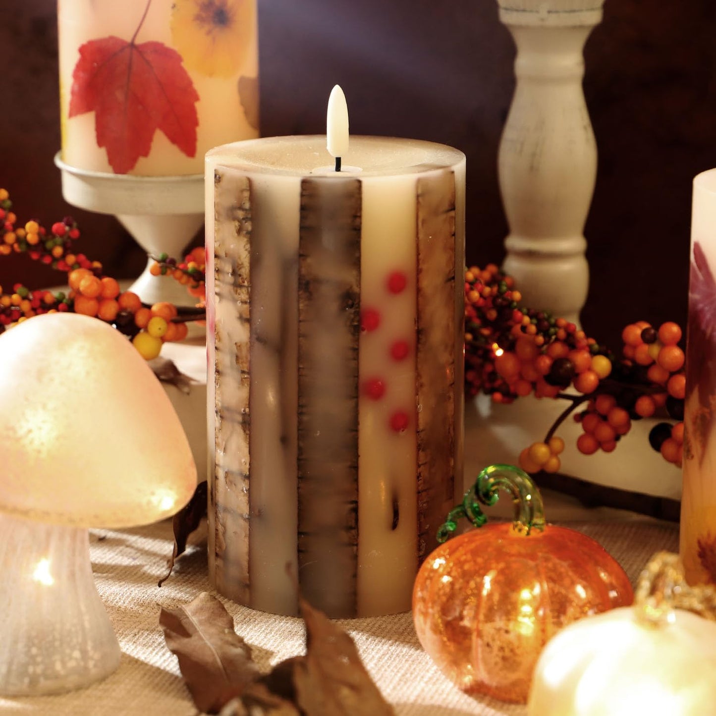 Real Birch Candles Flameless Embedded with Red Berries Christmas Flameless Candles with Remote Pillar Candles Battery Operated (3.5" × 6") - Real Wax, Unscented - for Christmas Decorations