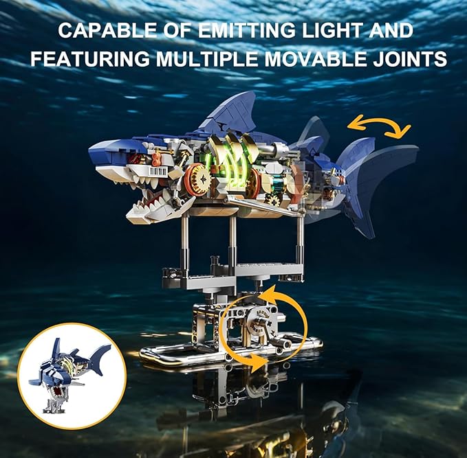 Mechanical Shark Fish Building Block Set687 PCS Movable Ocean Animals Decor Collection Toy Compatible with Lego Sets for Boys 8-14STEM Birthday Gift for Adults Women Girls Boys Age 8-12(with LED)