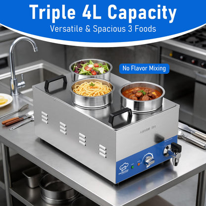 TOPKITCH ETL Listed Commercial 12L Soup Warmer with 3×4L Pot，Drain,Seamless One-piece Tank,86-185℉ Adjustable Thermostat,TempLimiter-120V/1200W Commercial Bain Marie Electric Food Warmer