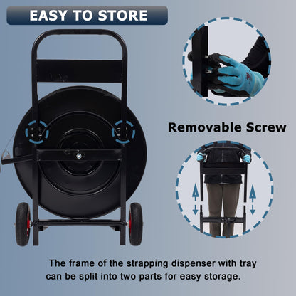 Heavy Duty Banding Strapping Cart & Dispenser - Fits 8" x 8"/16" x 16" Poly/Plastic Steel/Fibre Strapping - Built-in Tool Tray for Seals/Tensioner & Durable Frame (Black)