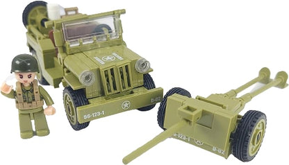 General Jim's WW2 US Army 4x4 Vehicle &amp Artillery Set Army Green Military Trucks with Tow Cannons 2 Figures &amp Custom Weapons Brick Building Set for All Building Levels Compatible with Major B